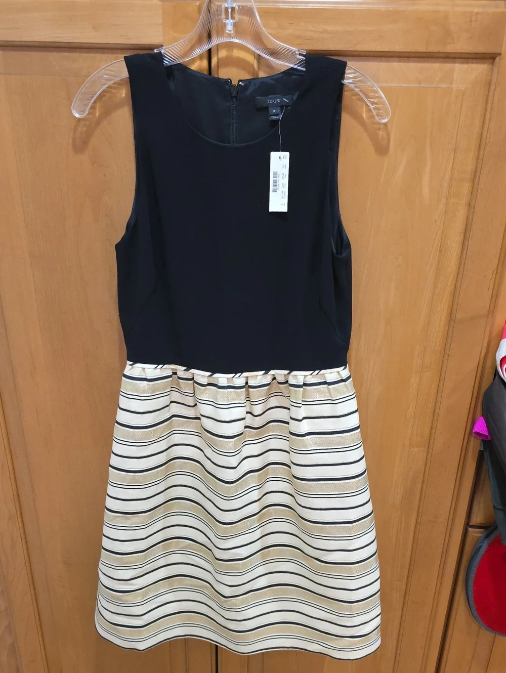 Womens NWT J. Crew Black & Cream & Gold Striped Waistband Dress - Classic Fit